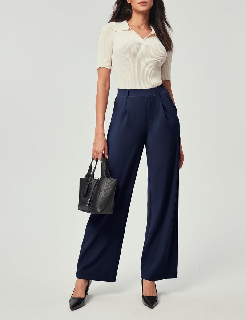 IUGA Womens Dress Pants Wide Leg Pull On Stretchy Work Pants Women High Waisted Business Casual Trousers with Pockets - Image 2