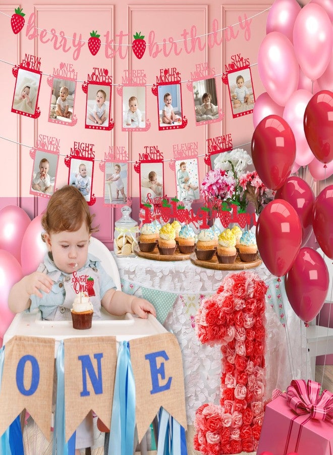 RANERVZ Glitter Strawberry Photo Banner for First Birthday Party Decorations Berry 1st Birthday Monthly Picture Banner from Newborn to 12 Months Sweet ONE Berry Monthly Photo Banner for Girls Baby Shower Backdrop Decors - Image 2
