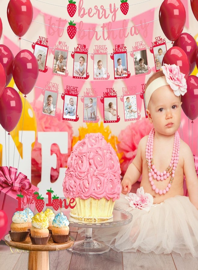 RANERVZ Glitter Strawberry Photo Banner for First Birthday Party Decorations Berry 1st Birthday Monthly Picture Banner from Newborn to 12 Months Sweet ONE Berry Monthly Photo Banner for Girls Baby Shower Backdrop Decors - Image 3