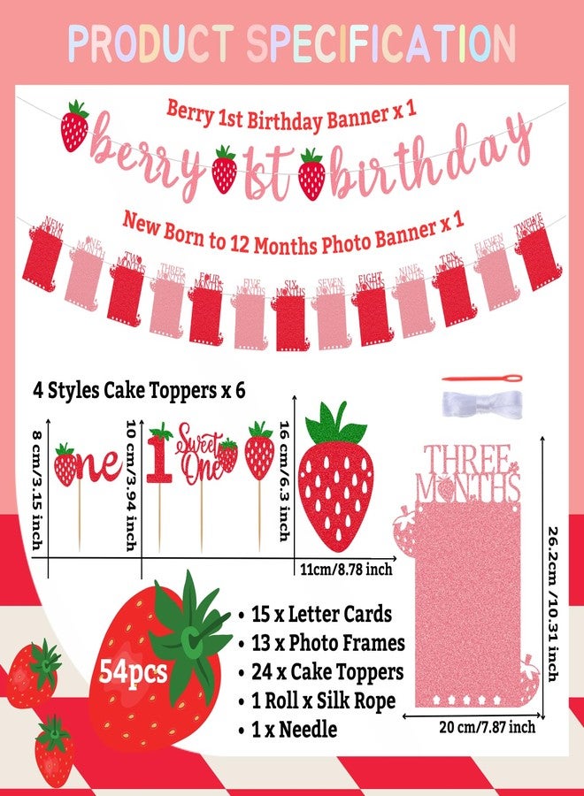 RANERVZ Glitter Strawberry Photo Banner for First Birthday Party Decorations Berry 1st Birthday Monthly Picture Banner from Newborn to 12 Months Sweet ONE Berry Monthly Photo Banner for Girls Baby Shower Backdrop Decors - Image 4