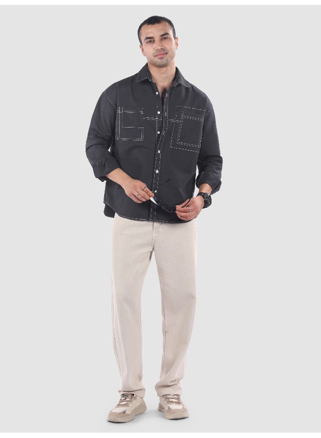 Beyoung Dark Grey Dual Pocket Contrast Stitch Shirt - Image 5