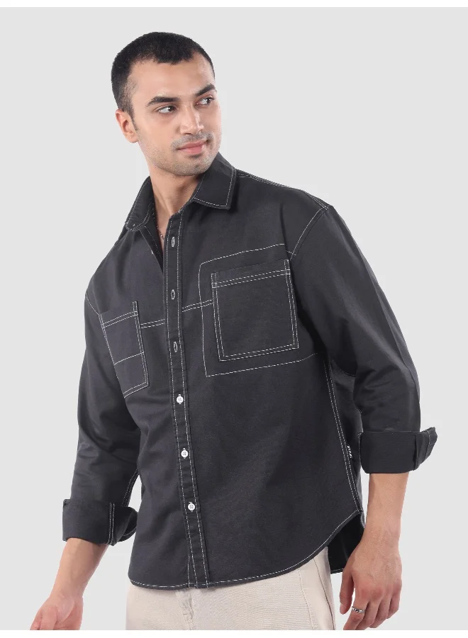 Beyoung Dark Grey Dual Pocket Contrast Stitch Shirt