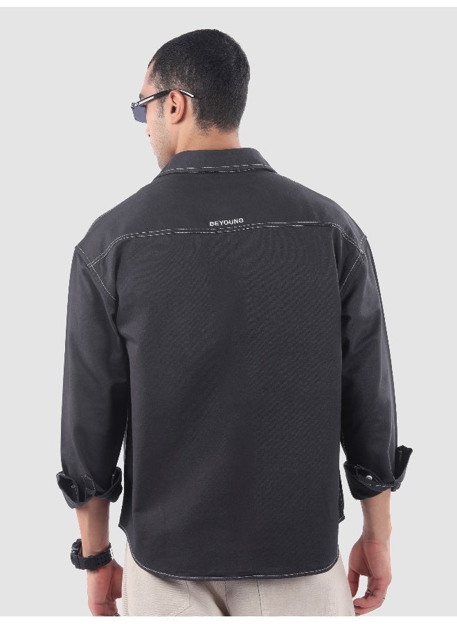 Beyoung Dark Grey Dual Pocket Contrast Stitch Shirt - Image 3