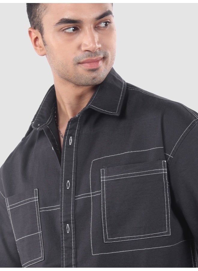 Beyoung Dark Grey Dual Pocket Contrast Stitch Shirt - Image 4