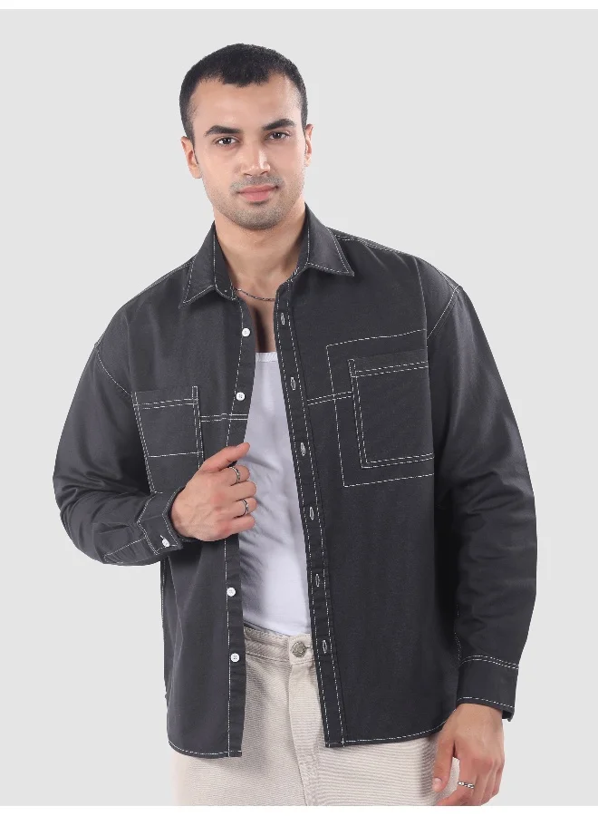 Beyoung Dark Grey Dual Pocket Contrast Stitch Shirt