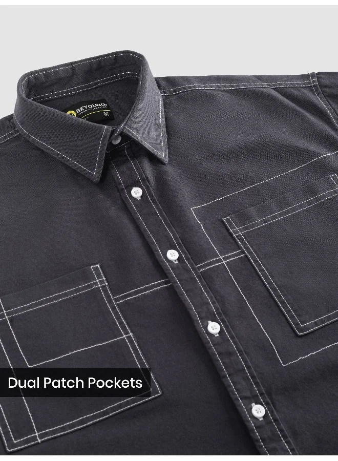 Beyoung Dark Grey Dual Pocket Contrast Stitch Shirt