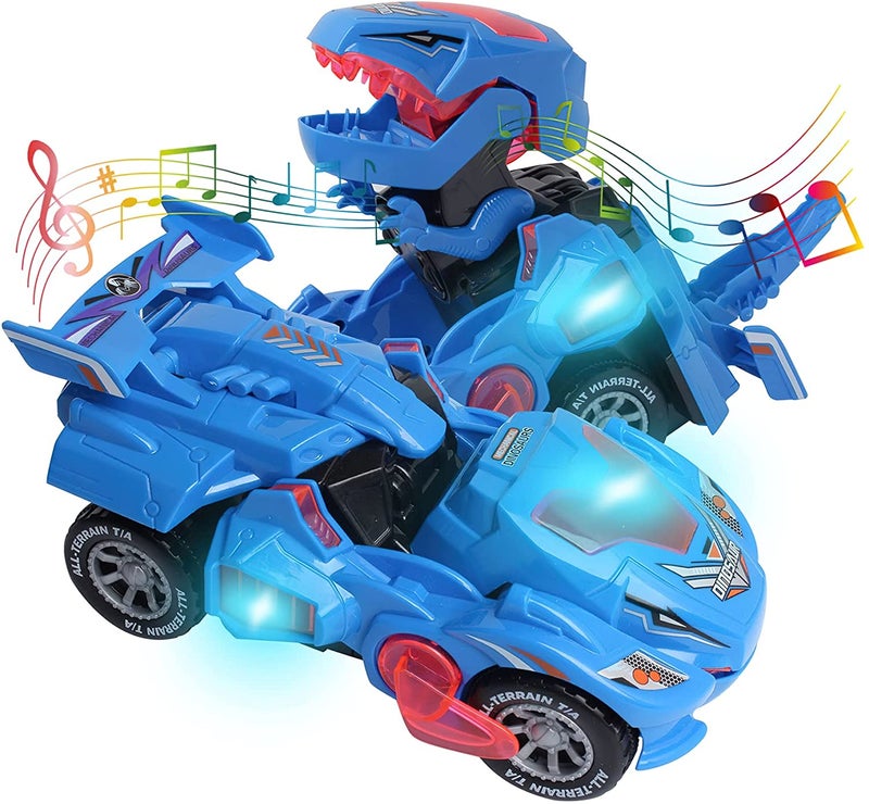 Transforming Dinosaur Car Blue: Automatic Transformation, LED Lights & Dynamic Music - Interactive Toy for Boys Aged 3-8, Christmas Gifts - Image 1