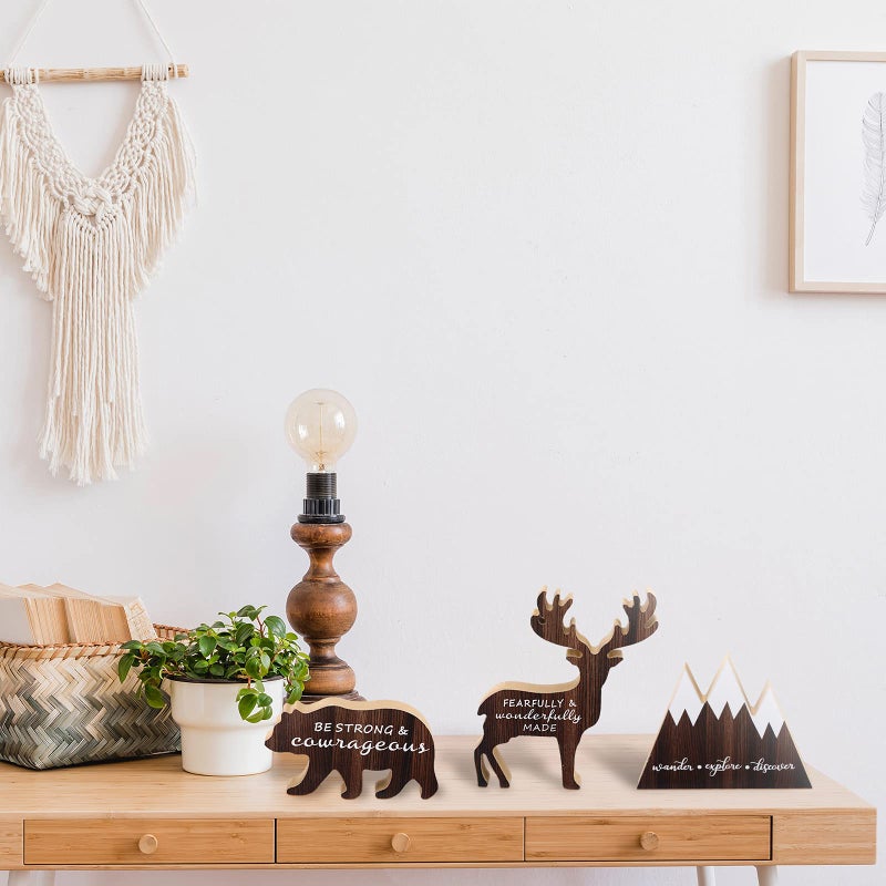 Jetec 3 Sets Wooden Mountain Decor Woodland Inspirational Quote Wood Sign Wander Explore Discover Neutral Nursery Table Decoration Centerpiece Wooden Mountain Deer Bear Decor for Room - Image 5