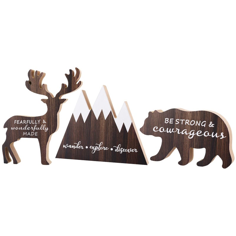 Jetec 3 Sets Wooden Mountain Decor Woodland Inspirational Quote Wood Sign Wander Explore Discover Neutral Nursery Table Decoration Centerpiece Wooden Mountain Deer Bear Decor for Room - Image 1