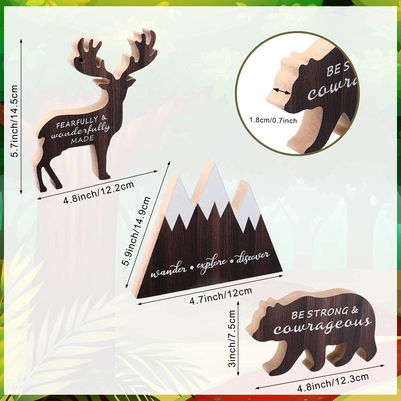 Jetec 3 Sets Wooden Mountain Decor Woodland Inspirational Quote Wood Sign Wander Explore Discover Neutral Nursery Table Decoration Centerpiece Wooden Mountain Deer Bear Decor for Room - Image 3