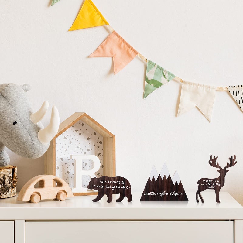 Jetec 3 Sets Wooden Mountain Decor Woodland Inspirational Quote Wood Sign Wander Explore Discover Neutral Nursery Table Decoration Centerpiece Wooden Mountain Deer Bear Decor for Room - Image 4