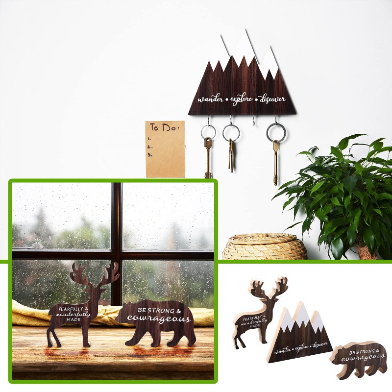 Jetec 3 Sets Wooden Mountain Decor Woodland Inspirational Quote Wood Sign Wander Explore Discover Neutral Nursery Table Decoration Centerpiece Wooden Mountain Deer Bear Decor for Room - Image 2