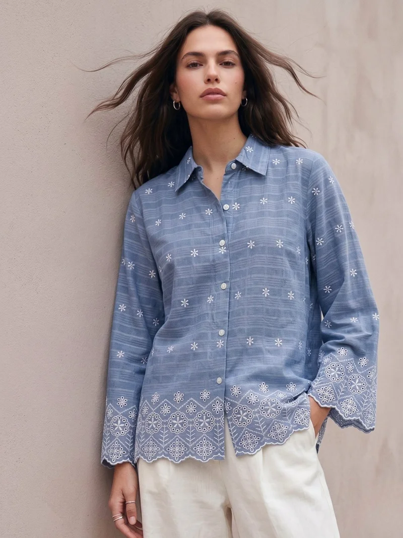 Outzidr  Blue Cotton Schiffli Embroidered Scalloped Shirt for Women | Best Price UAE