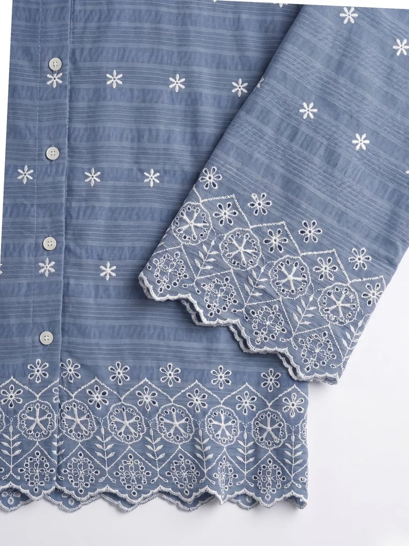 Outzidr  Blue Cotton Schiffli Embroidered Scalloped Shirt for Women | Best Price UAE