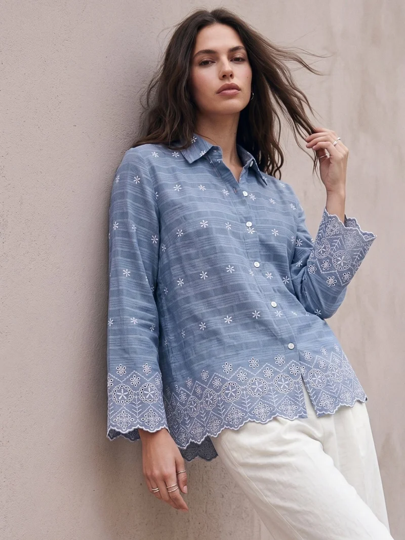 Outzidr  Blue Cotton Schiffli Embroidered Scalloped Shirt for Women | Best Price UAE