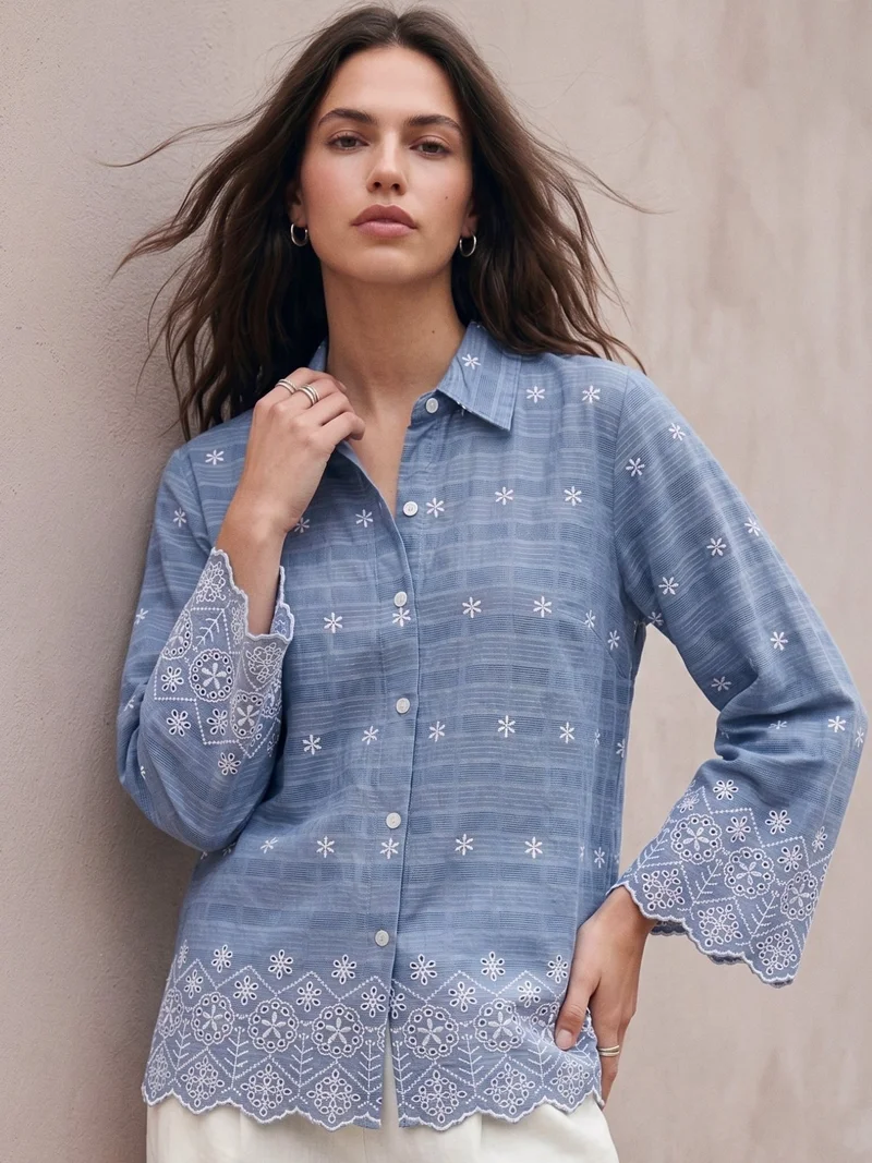 Blue Cotton Schiffli Embroidered Scalloped Shirt
