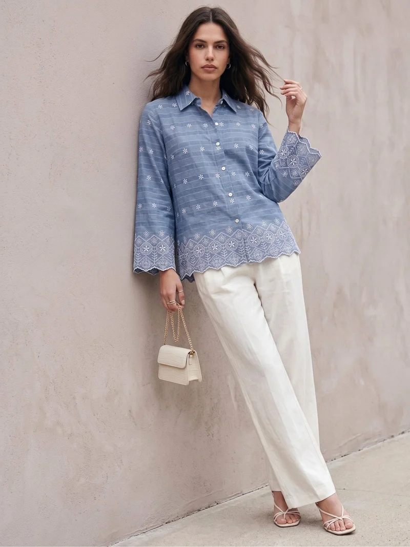 Outzidr  Blue Cotton Schiffli Embroidered Scalloped Shirt for Women | Best Price UAE