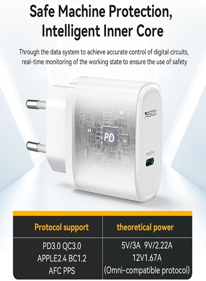 Yesido YC57C PD 20W USB-C / Type-C Port Quick Charger with Type-C to Type-C Cable, EU Plug