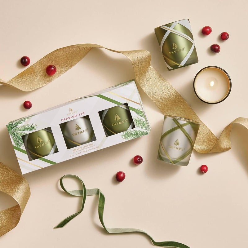 Thymes Aromatic Votive Trio  Set of Three Votive Candles  Luxury Home Fragrance  Scented Candles with Notes of Crisp Siberian Fir Cedarwood  Sandalwood  Frosted Plaid Frasier Fir 2 oz Each - Image 2