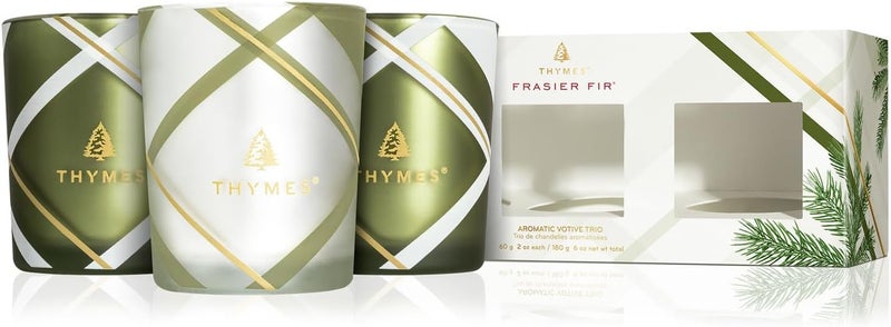 Thymes Aromatic Votive Trio  Set of Three Votive Candles  Luxury Home Fragrance  Scented Candles with Notes of Crisp Siberian Fir Cedarwood  Sandalwood  Frosted Plaid Frasier Fir 2 oz Each - Image 1