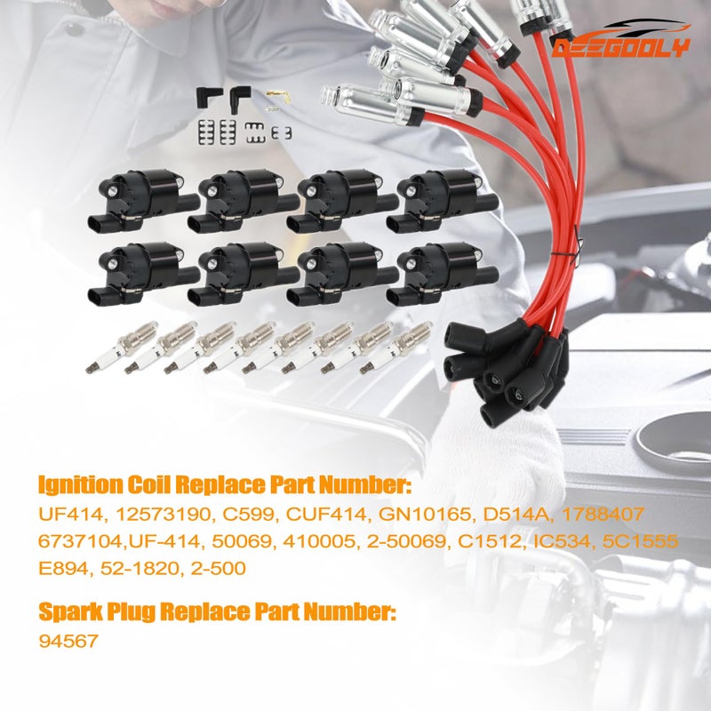 DEEGOOLY 8PCS UF414 Round Ignition Coils Pack & Iridium Spark Plugs & Spark Plug Wires Set Compatible with Chevrolet Corvette Avalanche Silverado 1500 2500 3500 GMC Savana 1500 2500 Cadillac Escalade - Image 3