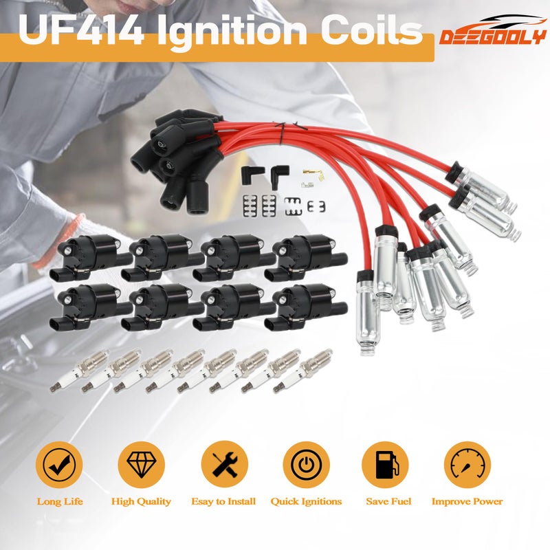 DEEGOOLY 8PCS UF414 Round Ignition Coils Pack & Iridium Spark Plugs & Spark Plug Wires Set Compatible with Chevrolet Corvette Avalanche Silverado 1500 2500 3500 GMC Savana 1500 2500 Cadillac Escalade - Image 2