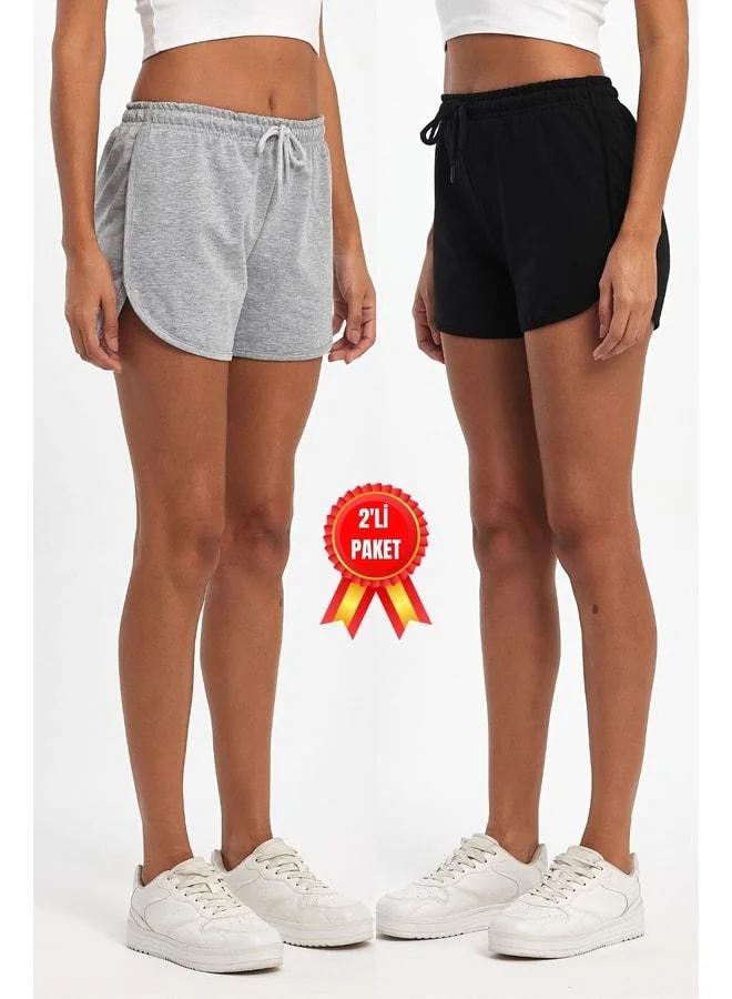 Women's Slit Jersey Fabric Regular Fit Black-Gray Short Mini Daily Shorts.