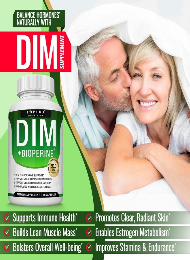 Toplux Dim Supplement 910 mg Plus BioPerine Complex - Diindolylmethane to Support Hormone Balance and Estrogen Metabolism, Helps with Menopause Acne Better Skin, for Men Women, 60 Capsules - Image 4