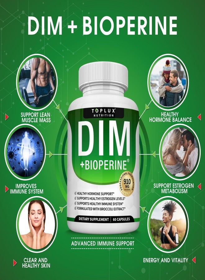 Toplux Dim Supplement 910 mg Plus BioPerine Complex - Diindolylmethane to Support Hormone Balance and Estrogen Metabolism, Helps with Menopause Acne Better Skin, for Men Women, 60 Capsules - Image 2