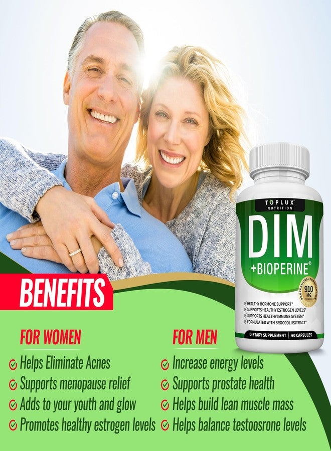 Toplux Dim Supplement 910 mg Plus BioPerine Complex - Diindolylmethane to Support Hormone Balance and Estrogen Metabolism, Helps with Menopause Acne Better Skin, for Men Women, 60 Capsules - Image 5