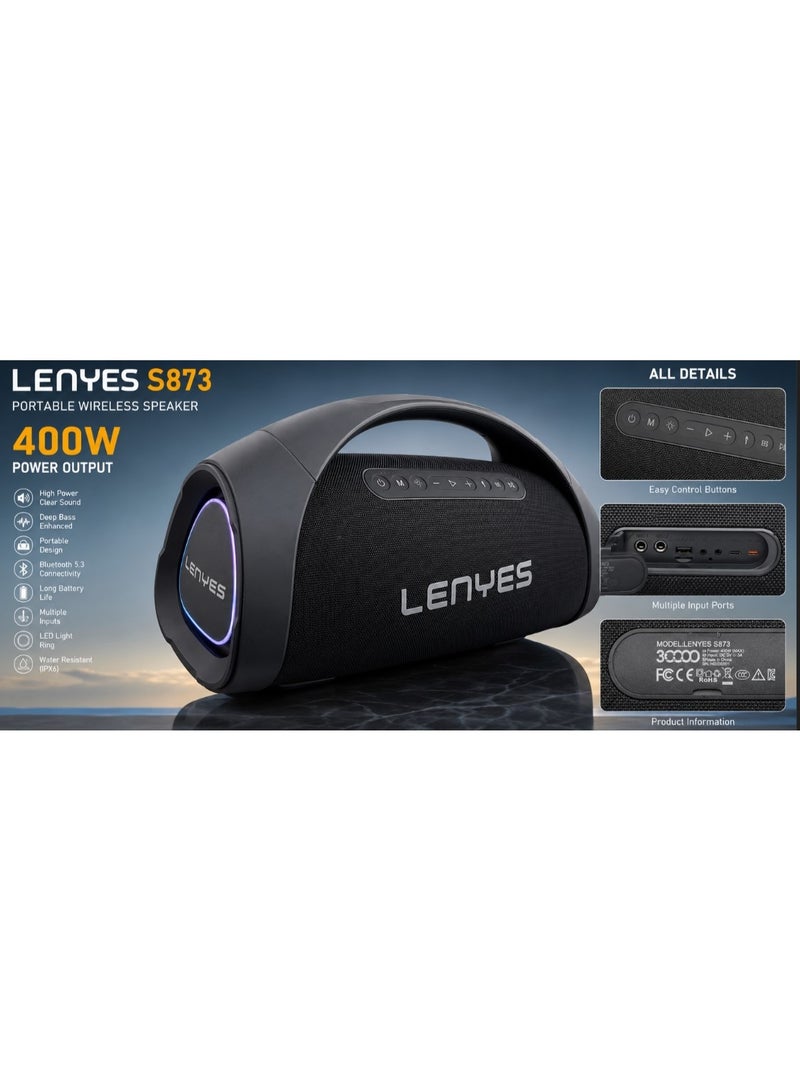 LENYES S873 Portable Bluetooth Speaker 400W HD Bass Wireless Speaker with Bluetooth 5.3 IPX6 Waterproof USB/TF Card AUX Type-C 7H Playtime Black - Image 2