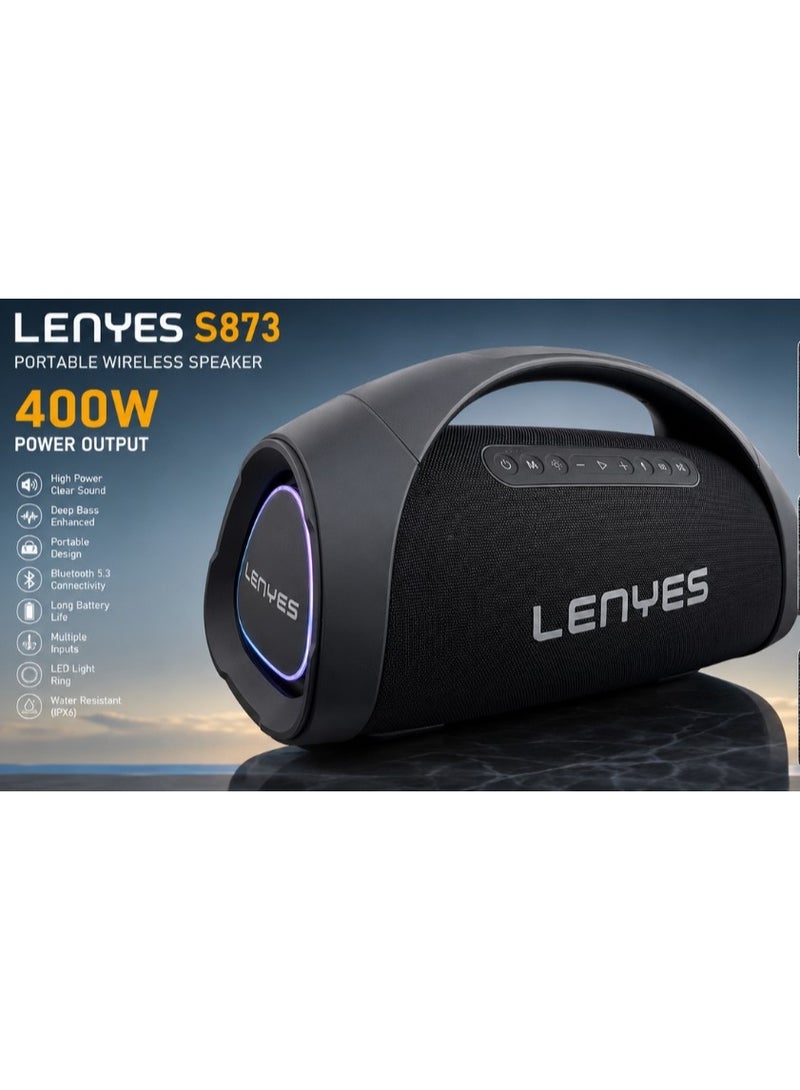 LENYES S873 Portable Bluetooth Speaker 400W HD Bass Wireless Speaker with Bluetooth 5.3 IPX6 Waterproof USB/TF Card AUX Type-C 7H Playtime Black - Image 1