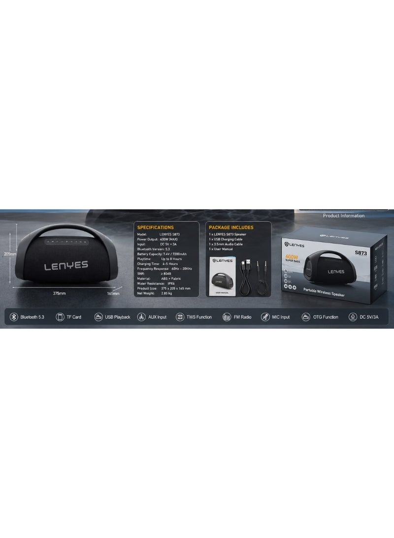 LENYES S873 Portable Bluetooth Speaker 400W HD Bass Wireless Speaker with Bluetooth 5.3 IPX6 Waterproof USB/TF Card AUX Type-C 7H Playtime Black - Image 3