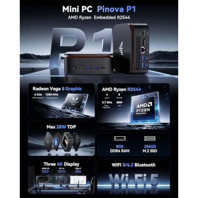 Pinova P1 Mini PC W-11 pro، كمبيوتر صغير AMD Ryzen Embedded R2544، يأكل 3500/4300U/10110U، حتى 3.7 جيجا هرتز، ذاكرة الوصول العشوائي 256 جيجا بايت M.2 SSD، شاشة ثلاثية 4K، WiFi/BT/لكمبيوتر صغير للأعمال والمكتب المنزلي - Image 2
