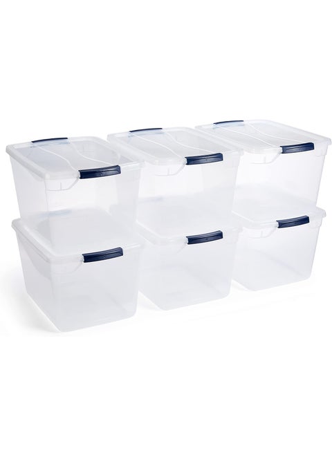 Rubbermaid Cleverstore Clear 32 Qt 6 Pack Stackable Plastic Storage Containers with Durable Latching Clear Lids Visible Storage Great for Closet and Laundry Storage Organizing in the Home