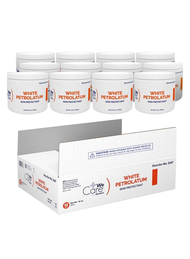 Dynarex White Petrolatum, Petroleum Jelly for Dry, Damaged or Cracked Skin, Soothing White Petroleum Jelly for Minor Skin Irritations, 15 oz. (425g) Jars, 1 Box of 12 Petroleum Jelly Jars - Image 1
