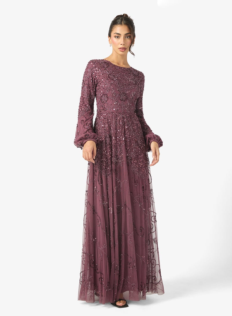 Sana Modest Embellished Sequin Puff Sleeve Maxi Dress