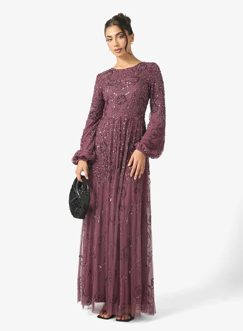 MARYISA Sana Modest Embellished Sequin Puff Sleeve Maxi Dress