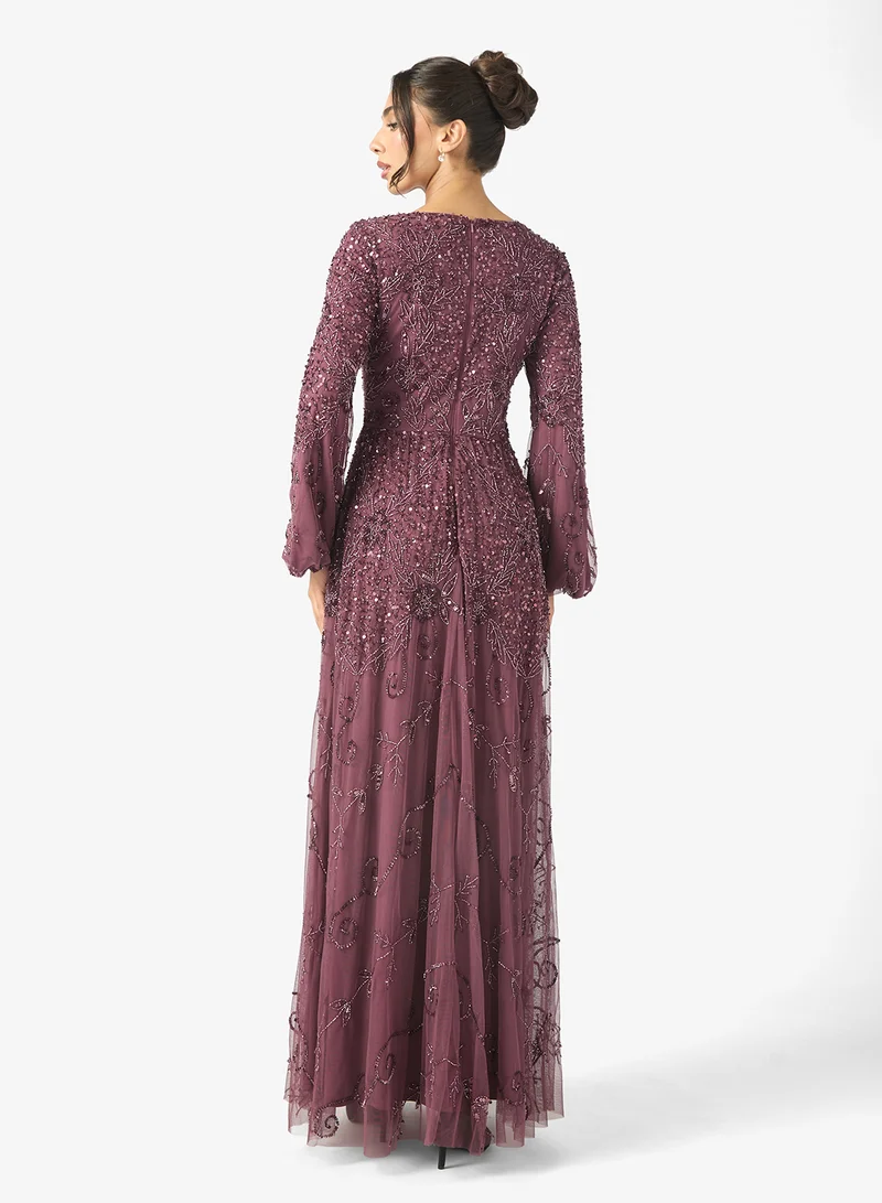 ماري Sana Modest Embellished Sequin Puff Sleeve Maxi Dress