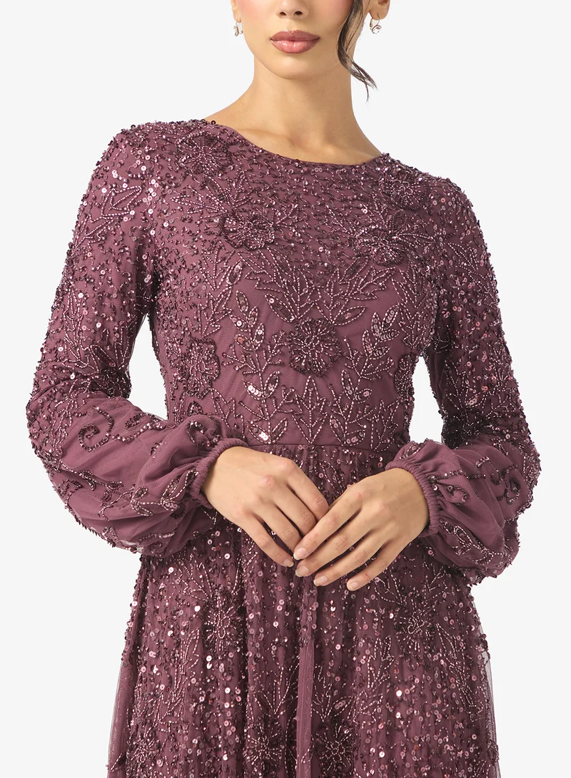 MARYISA Sana Modest Embellished Sequin Puff Sleeve Maxi Dress