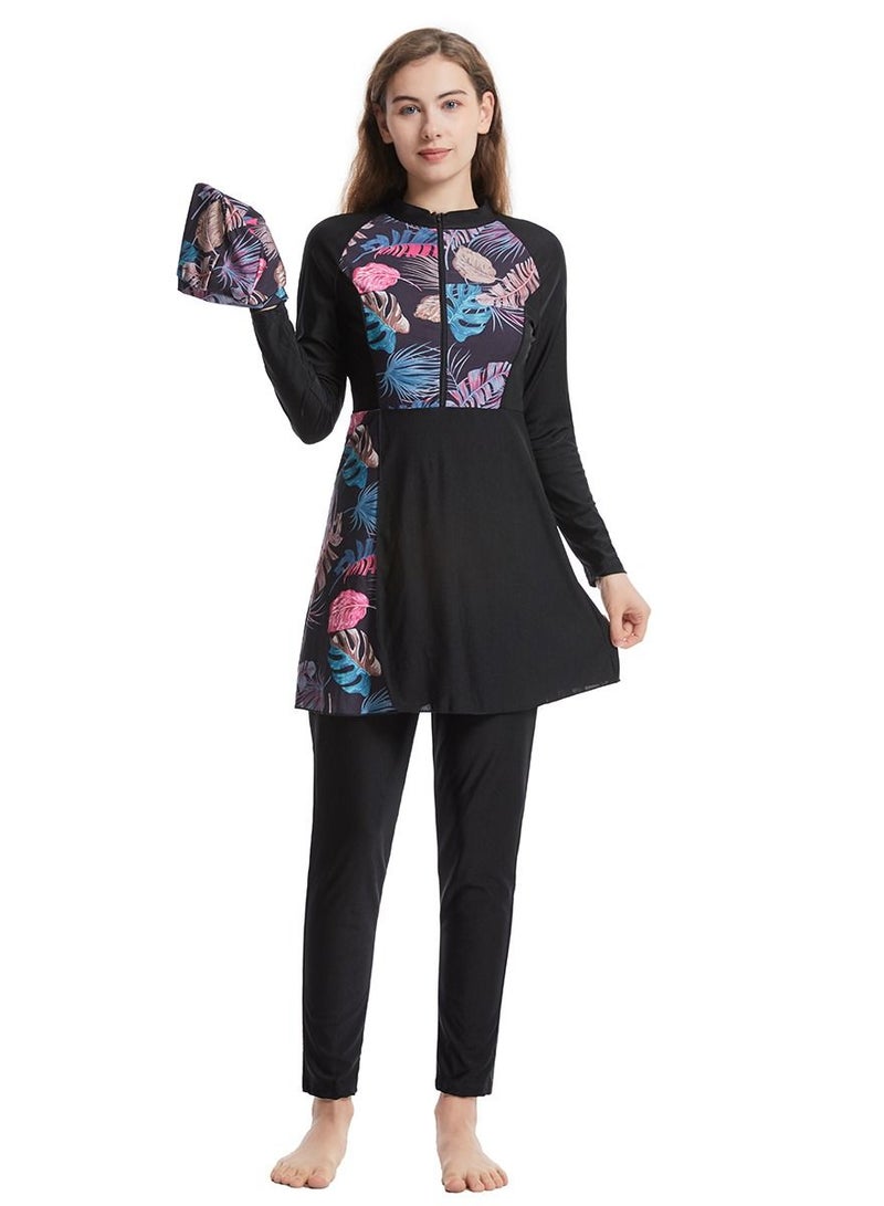 Loquat Highly Elastic Printed Swimwear Set Womens Long Sleeve Burkini Swimsuit Set Black  - Image 1