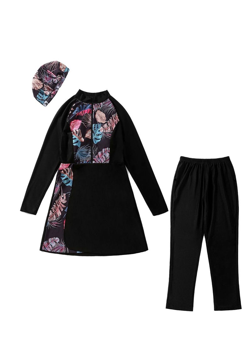 Loquat Highly Elastic Printed Swimwear Set Womens Long Sleeve Burkini Swimsuit Set Black  - Image 2