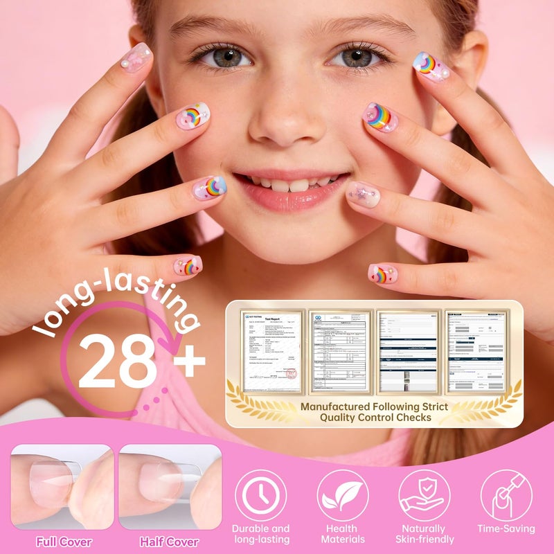 krofaue Short Suqare Kids False Nails - 240Pcs Press on Nails for Girls,Full Cover Children Fake Nails Decoration 10 Sizes Soft Gel Kids Nail Tips for for Home & Nail Salon Use (4-8 years old) - Image 4