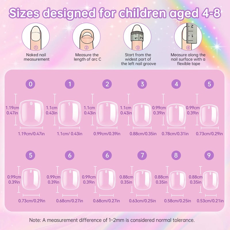 krofaue Short Suqare Kids False Nails - 240Pcs Press on Nails for Girls,Full Cover Children Fake Nails Decoration 10 Sizes Soft Gel Kids Nail Tips for for Home & Nail Salon Use (4-8 years old) - Image 2