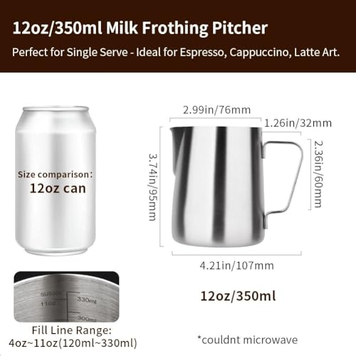 watchget Stainless Steel Milk Frothing Pitcher 12oz/350ml - Espresso Steaming Pitcher for Cappuccino, Latte Art, Coffee Machine Accessories Milk Jug Milk Frother Cup, Matt Silver - Image 3