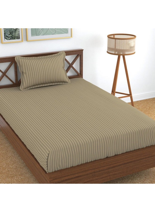 Homefab India 160 TC Stripe Glace Cotton Single BedSheet with 1 Pillow Cover - Beige - Image 1