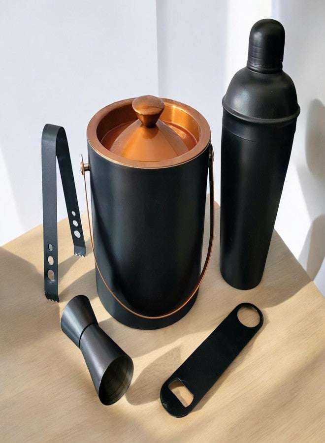 Nooks Luxury Bar Ice Bucket Set (1.5l) with Tongs,Peg Measure,Cocktail Shaker (750ml) and Bottle Opener, Black and Copper - Image 1