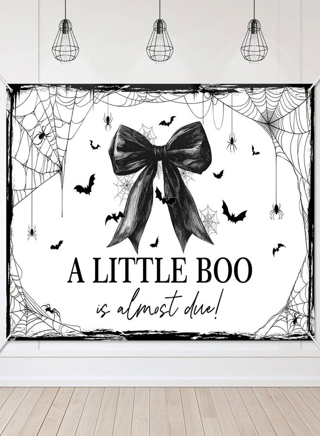 Lecheme Halloween Baby Shower Banner White Black Bow A Little Boo is Almost Due Backdrop Background for Girl Spider Web Halloween Baby Shower Party Decorations 6x3.6 ft - Image 1