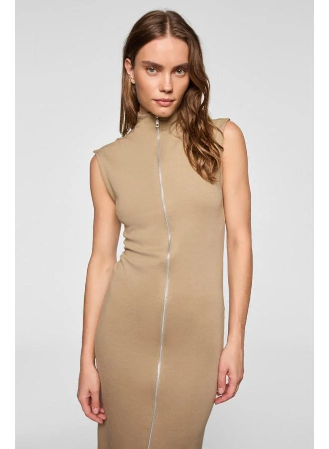 Grimelange FABIENNE Women's Straight Collar Sleeveless Zippered Vison Dress.