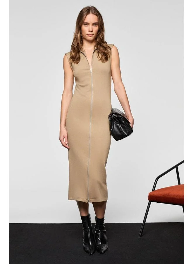 Grimelange FABIENNE Women's Straight Collar Sleeveless Zippered Vison Dress.